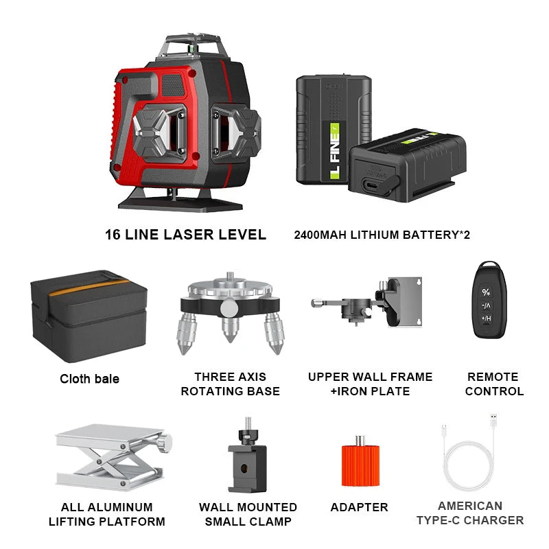 16Lines 4D Laser Level Green Line SelfLeveling 360 Horizontal And Vertical Control Green Beam Laser Levels 2PCS Battery