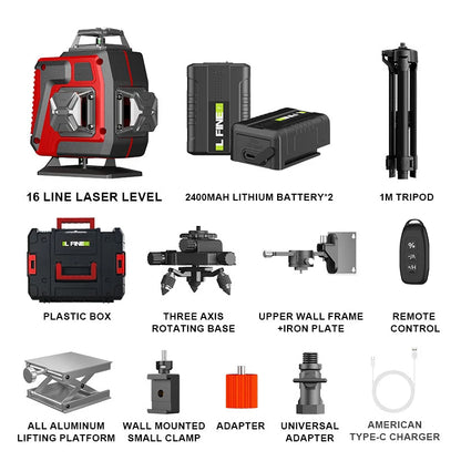 16Lines 4D Laser Level Green Line SelfLeveling 360 Horizontal And Vertical Control Green Beam Laser Levels 2PCS Battery