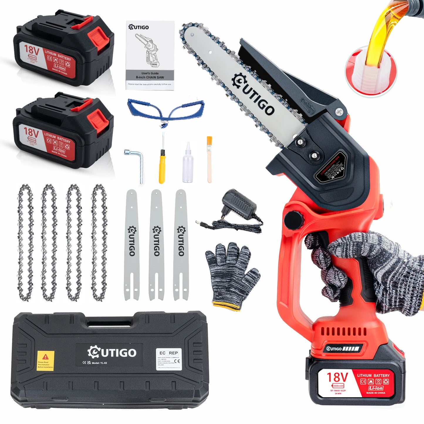 OUTIGO Battery Chainsaw, 8 Inch Chainsaw, 6000mAh Mini Cordless Chainsaw, 4 Chains 3 Guides 2 Batteries