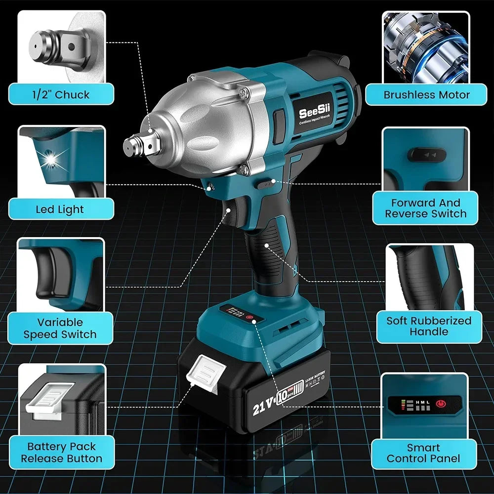 NEW Cordless Impact Wrench 900N.m Power Impact Gun 1/2'' 3300RPM Brushless Electric Impact Driver for Home Car Truck Mower