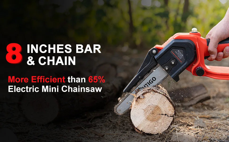 OUTIGO Battery Chainsaw, 8 Inch Chainsaw, 6000mAh Mini Cordless Chainsaw, 4 Chains 3 Guides 2 Batteries