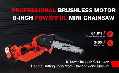 OUTIGO Battery Chainsaw, 8 Inch Chainsaw, 6000mAh Mini Cordless Chainsaw, 4 Chains 3 Guides 2 Batteries