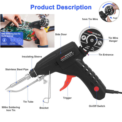 NEWACALOX 110V/220V 60W  Automatically Send Tin Gun Hand-held Soldering Iron Internal Heat with Power Switch Welding Repair Tool