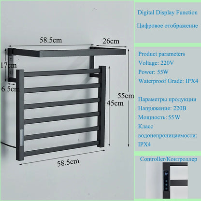 Bathroom Electric Towel Rack Touch Digital Display Temperature Time Control Towel Warmer Smart Home Aluminum Heated Towel Bar