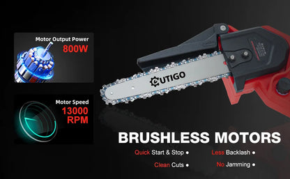 OUTIGO Battery Chainsaw, 8 Inch Chainsaw, 6000mAh Mini Cordless Chainsaw, 4 Chains 3 Guides 2 Batteries